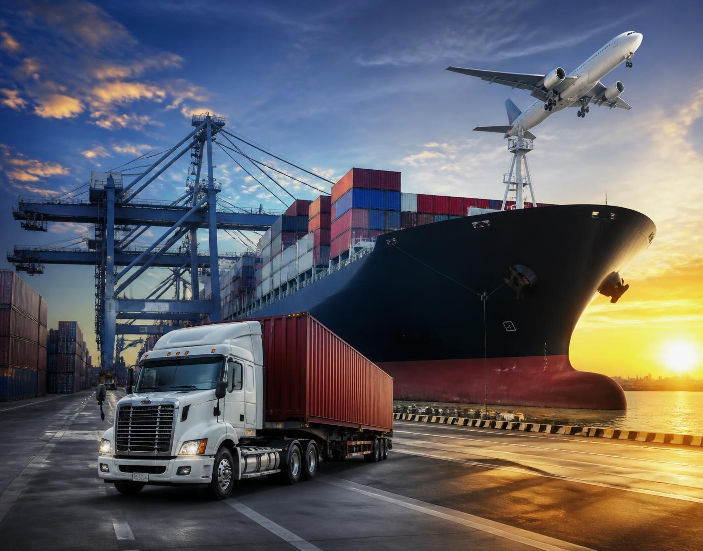 Operaciones de comercio exterior con buque portacontenedores, avión de carga y transporte terrestre